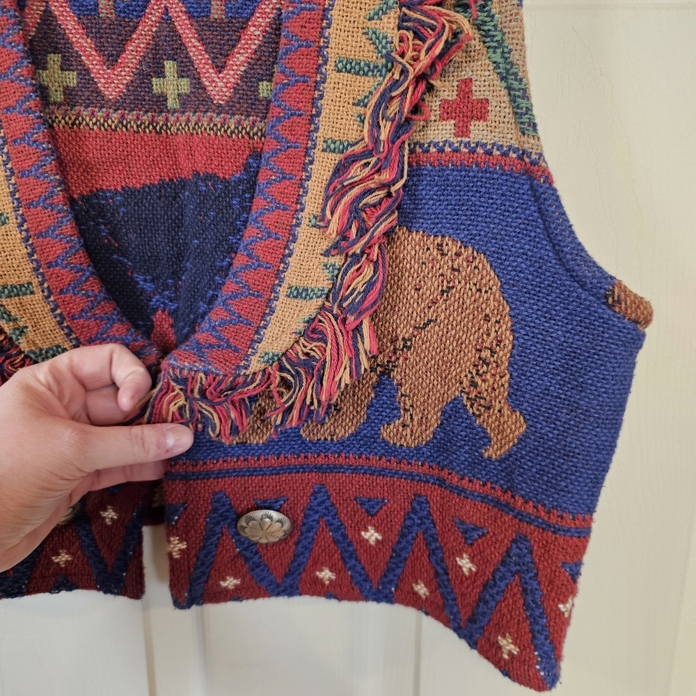 Painted Pony Tapestry Knit Southwestern Bear Country Concho Fringe Vest - Picture 5 of 7